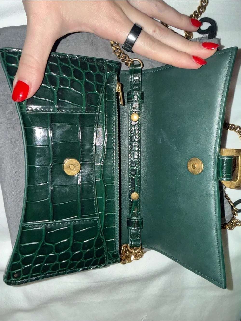 Balenciaga Hourglass Croc-Embossed Leather Crossbody Bag in Dark Green